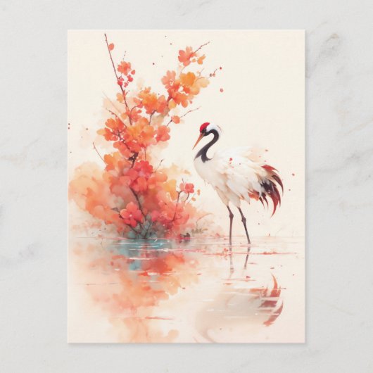 Red Crowned Crane with Orange Blossom Branch Postkarte (Vorderseite)