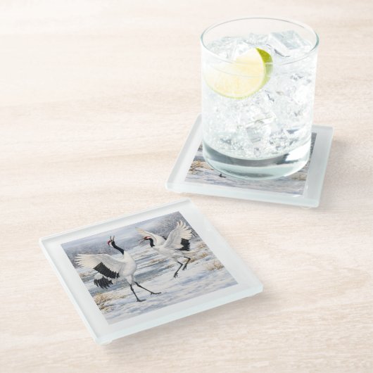 Red-crowned Cranes in Winter Glasuntersetzer (Schrägansicht)