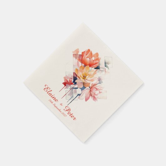 Red Cubes&Flowers: Personalized Wedding Napkins Serviette (Ecke)