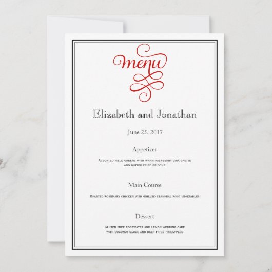 Red Curly Script Wedding Menu Einladung (Vorderseite)