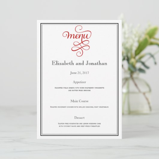 Red Curly Script Wedding Menu Einladung (Stehend Vorderseite)