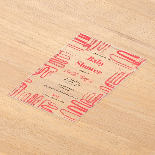 Red Curve Wavy Squiggle Abstract Baby Shower Acryleinladungen (Ablage )