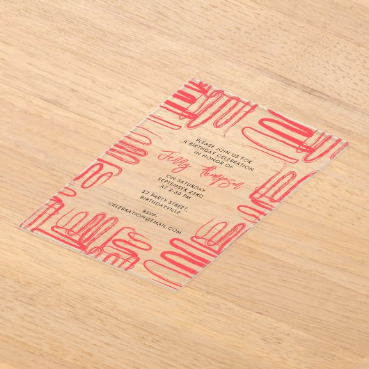 Red Curve Wavy Squiggle Abstract Birthday Party Acryleinladungen (Ablage )