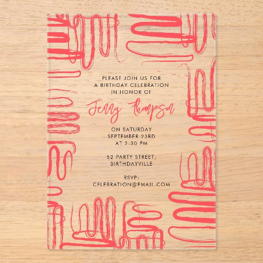 Red Curve Wavy Squiggle Abstract Birthday Party Acryleinladungen (Vorderseite)