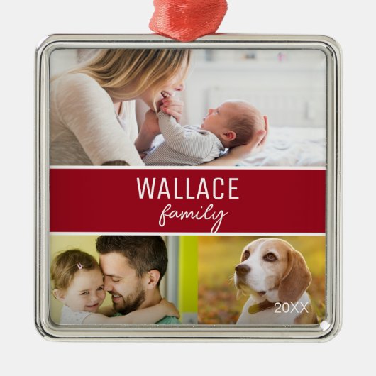 Red Custom Family Foto Collage Weihnachten Ornament Aus Metall (Vorne)