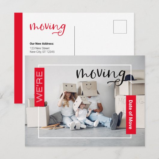 Red Custom Foto Moving Announcement Card Postkarte (Vorne/Hinten)