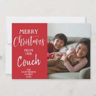 Red Custom Foto Quote: "Christmas from our Couch" Feiertagskarte