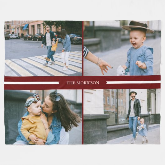 Red Custom Fotos Collage Family Name Personalisier Fleecedecke (Vorderseite (Horizontal))