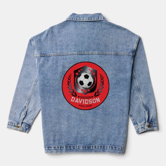 Red Custom Soccer Ball Birthday Age Name Jeansjacke (Rückseite)