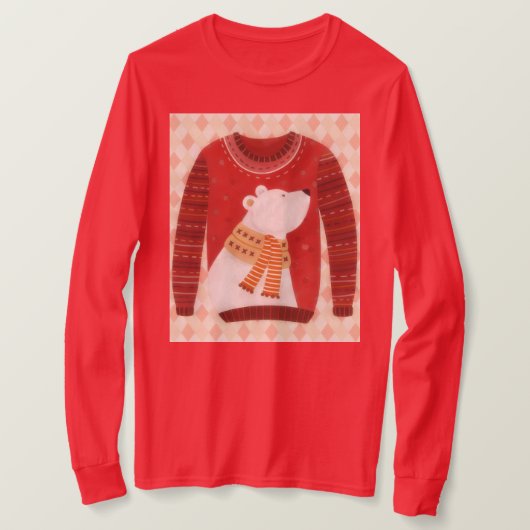 Red Cute Polar Bear Ugly Sweater Art on T-Shirt (Design vorne)
