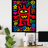 Red Cyclops Alien - Funky Neon Pop Monster Poster (Heimbüro)