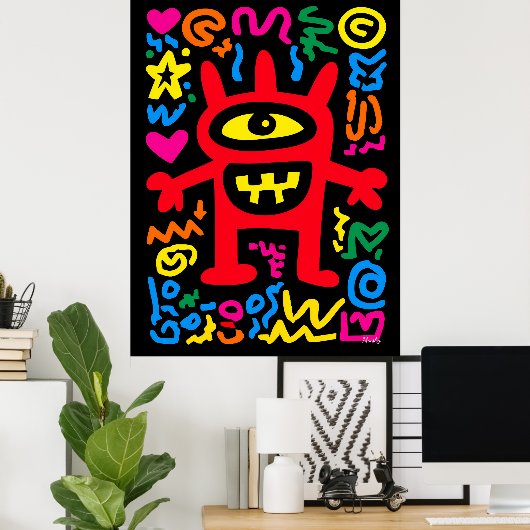Red Cyclops Alien - Funky Neon Pop Monster Poster (Heimbüro)