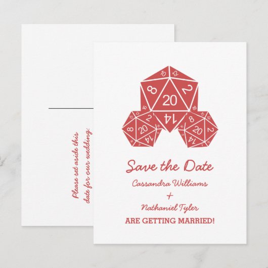 Red D20 Dice Save the Date Postkarte (Vorne/Hinten)