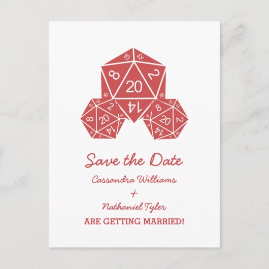 Red D20 Dice Save the Date Postkarte (Vorderseite)