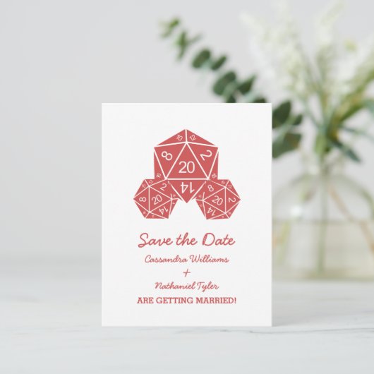 Red D20 Dice Save the Date Postkarte (Stehend Vorderseite)