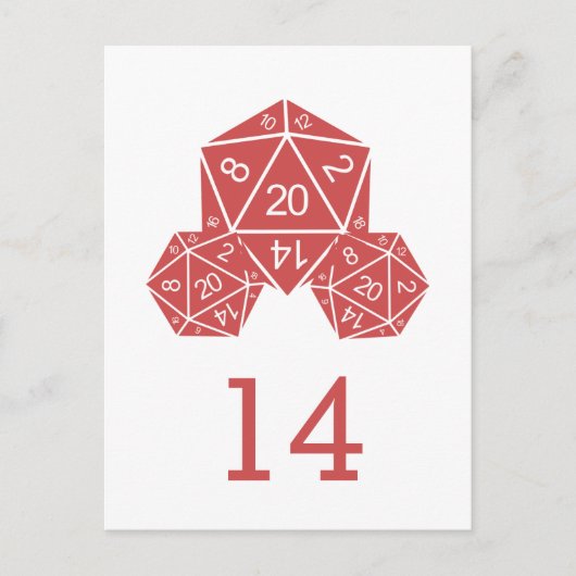 Red D20 Dice Tischnummer Postkarte (Vorderseite)