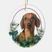 Red Dackel Dog Evergreen Kreath Keramik Ornament (Links)