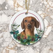Red Dackel Dog Evergreen Kreath Keramik Ornament
