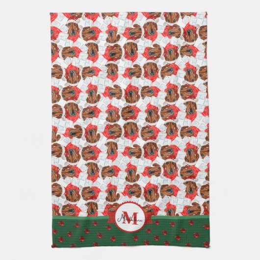 Red Dackel Pattern Monogram Christmas Dog Geschirrtuch (Vertikal)