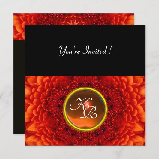 RED DAHLIA, AGATE Monogramm, hellschwarz gelb Einladung (Vorne/Hinten)