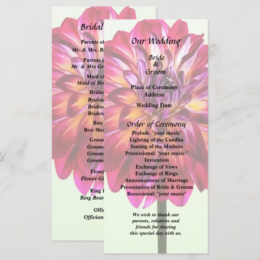 Red Dahlia mit gelbem Hochzeitsprogramm gestrichen Programm (Vorne/Hinten)