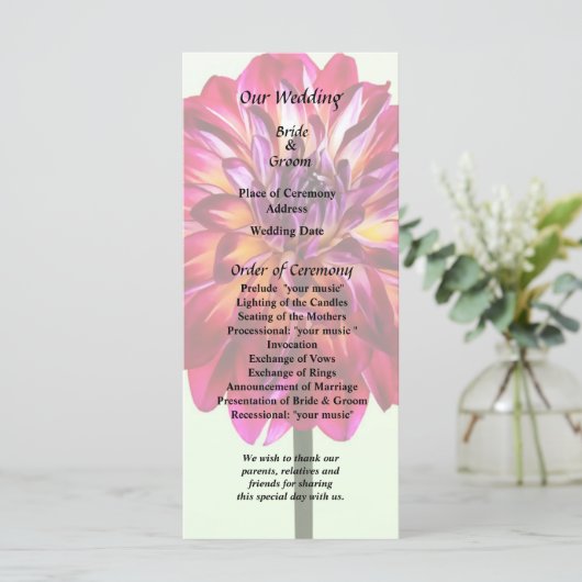 Red Dahlia mit gelbem Hochzeitsprogramm gestrichen Programm (Stehend Vorderseite)