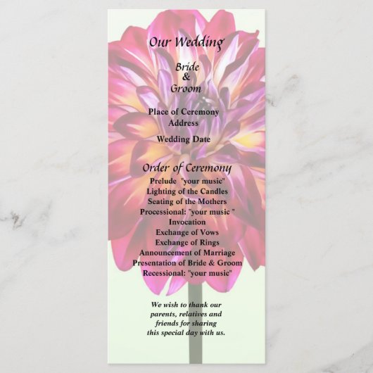 Red Dahlia mit gelbem Hochzeitsprogramm gestrichen Programm (Vorderseite)