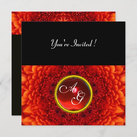 RED DAHLIA, RUBY-Monogramm, hell schwarz Einladung (Vorne/Hinten)