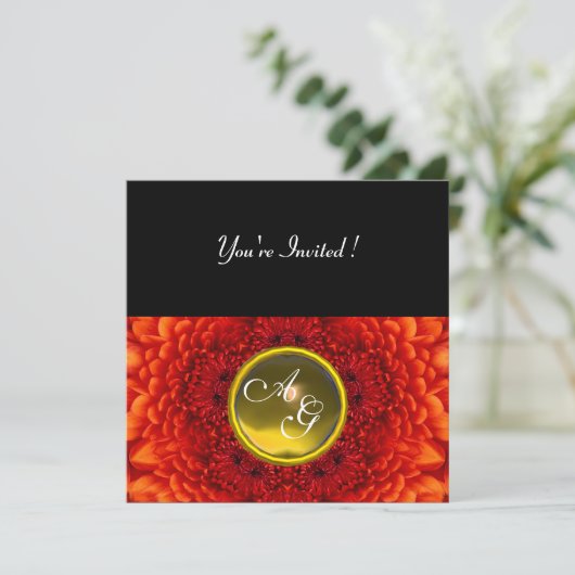 RED DAHLIA, TOPAZ-Monogramm, hellschwarz gelb Einladung (Stehend Vorderseite)