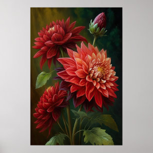 Red Dahlias Blume Art Print Poster