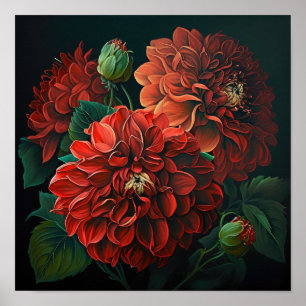 Red Dahlias Blume Art Print Poster