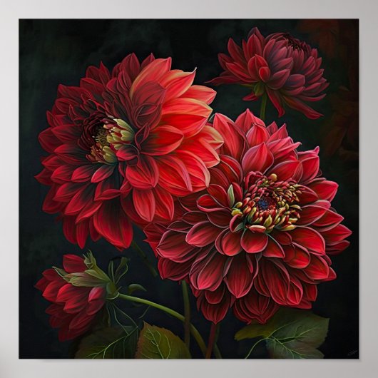 Red Dahlias Blume Art Print Poster (Vorne)