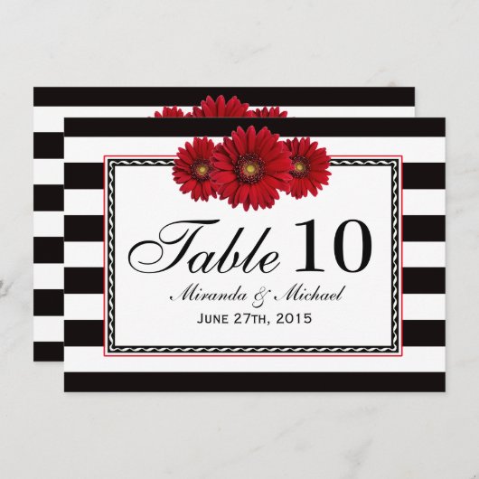 Red Daisis and Stripes Wedding Table Cards Einladung (Vorne/Hinten)