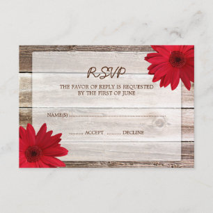 Red Daisy Barn Wood Wedding RSVP Response Card Karte