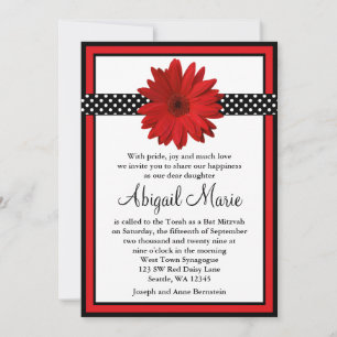 Red Daisy Black Polka Dots Bat Mitzvah Einladung