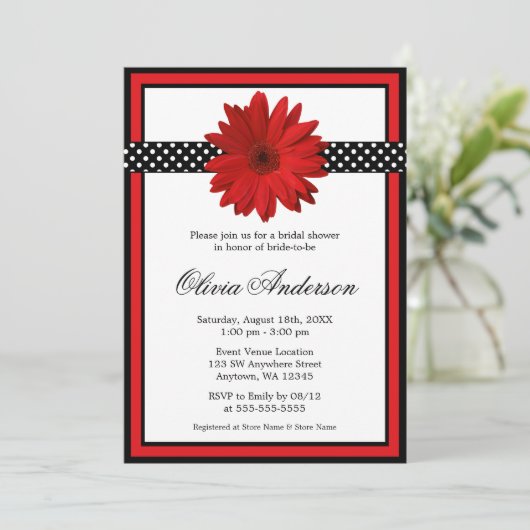 Red Daisy Black Polka Dots Brautparty Einladung (Stehend Vorderseite)