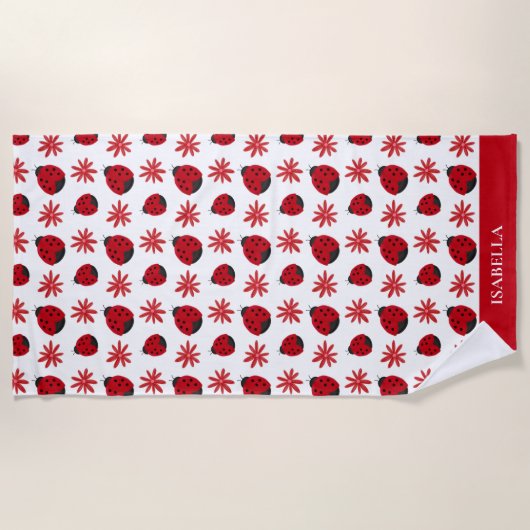 Red Daisy Ladybug Pattern Personalisiert Strandtuch (Vorderseite)