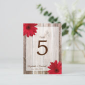 Red Daisy Rustic Barn Wood Wedding Tischnummer (Stehend Vorderseite)