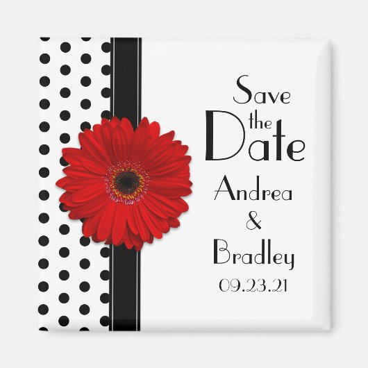 Red Daisy Schwarz-weiß Polka Dot Save the Date Magnet (Vorne)