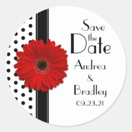 Red Daisy Schwarz-weiß Polka Dot Save the Date Runder Aufkleber