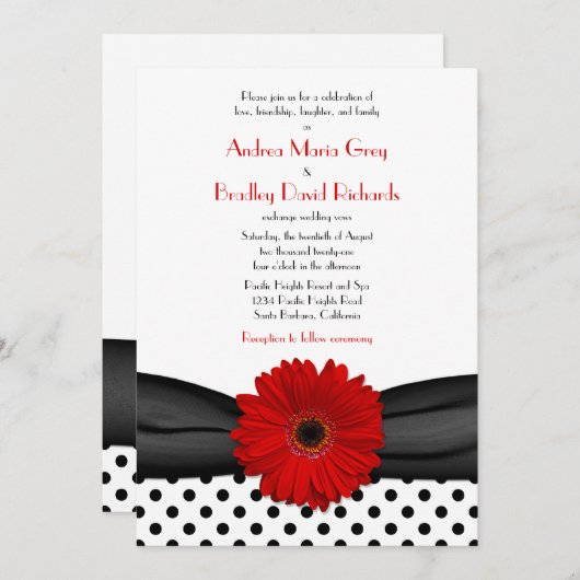Red Daisy Schwarz-weiß Polka Dot Wedding Einladung (Vorne/Hinten)