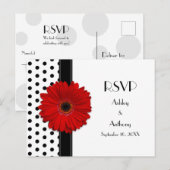 Red Daisy Schwarz-weiß Polka Dot Wedding RSVP Einladungspostkarte (Vorne/Hinten)