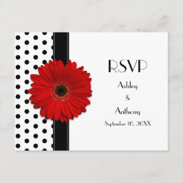 Red Daisy Schwarz-weiß Polka Dot Wedding RSVP Karte