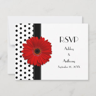 Red Daisy Schwarz-weiß Polka Dot Wedding RSVP Karte
