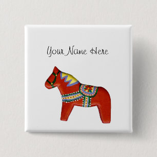 Red Dala Horse Name Tag Button