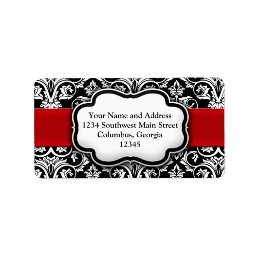 Red Damask Black/White Holiday Address Label Adressaufkleber (Vorne)