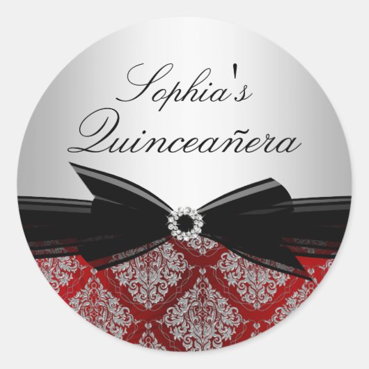 Red Damask & Bow Quinceanera Sticker (Vorderseite)