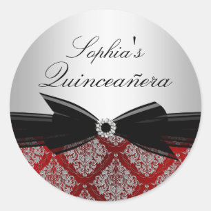 Red Damask & Bow Quinceanera Sticker