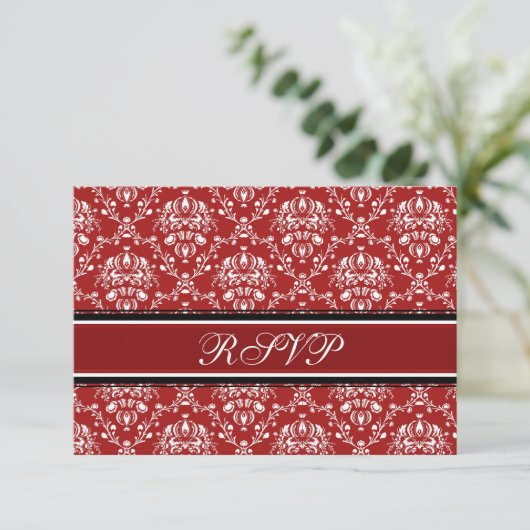 Red Damask Christmas RSVP Cards Karte (Stehend Vorderseite)