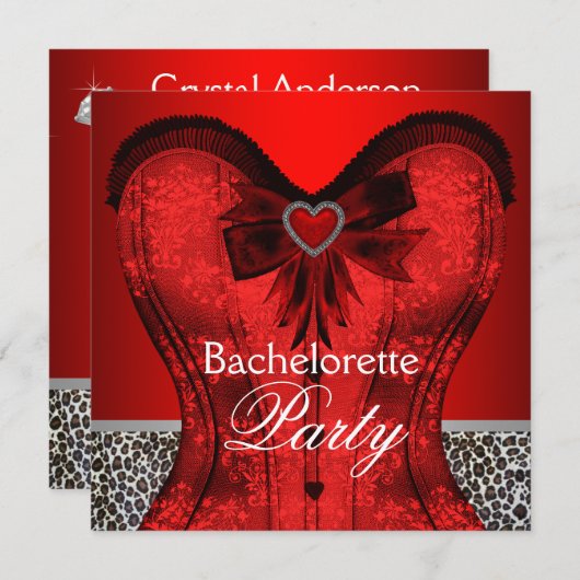 Red Damask Corset Leopard Junggeselinnen-Abschied Einladung (Vorne/Hinten)